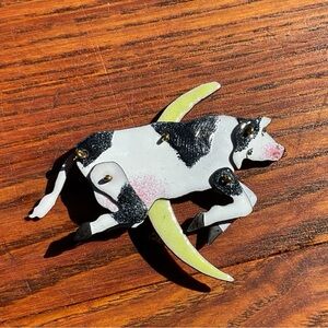 RARE Copper Enamel Movable Pin Cow Jumping Over the Moon Magical Artist Signed